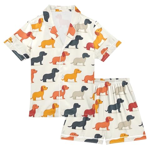 ALAZA Multicolor Dachshund Dog Cartoon Satin Pajamas Set Short Sleeve Button Down Sleepwear Summer Pjs 2 Piece