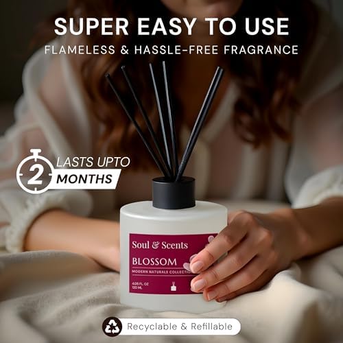 Blossom Reed Diffuser Set - 120ml with Free 6 Fiber Reed Sticks Each | Toxin Free & Stress Relief | Long Lasting | Smoke Less Room Freshener for Home, Bedroom & Office | Pack of 2