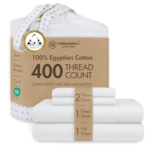 Threadmill Egyptian Cotton Queen Sheet Set | 100% Certified Egyptian Cotton Sheets for Queen Size Bed | Queen Bed Sheets Set with Snug Fit 16' Deep Pocket | Soft Cooling Sateen Bedding Set | White