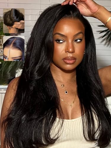 Image of Sunber Yaki Straight Human Hair with Elastic Drawstring Wig Bye Bye Knots | Pre Cut 7x5 HD Lace Front 150% Density Put On and Go Glueless Yaki Wig Pre Plucked Pre Bleached Invisible Knots 16Inch