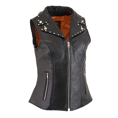 Milwaukee Leather MLL4503 Women's Black V-Neck Leather Classic Motorcycle Rider Vest w/Riveted Lapel Collar - X-Small