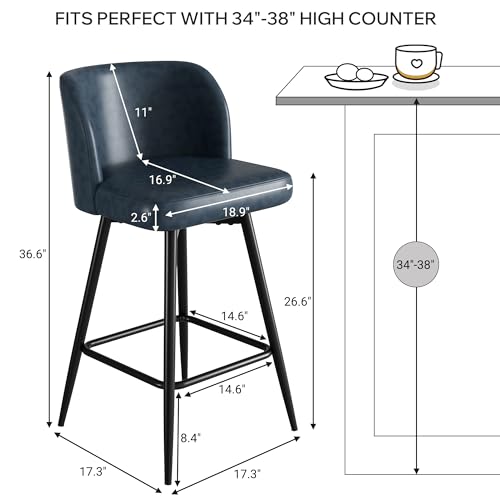 Image of Swivel Bar Stools Set of 4, 26 inch Counter Height Bar Stools with High Back and Metal Legs, Faux Leather Bar Chairs, Modern Barstools for Kitchen Island, Dark Blue