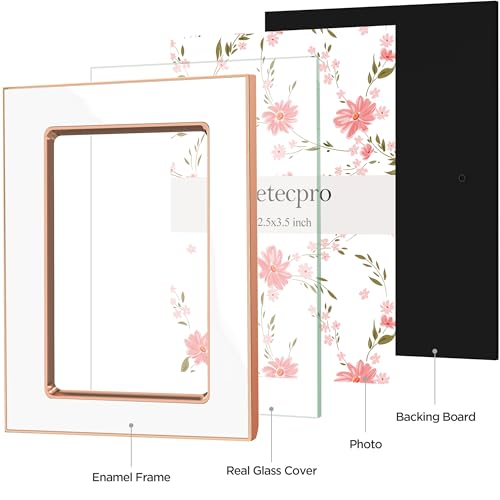 Image of eletecpro 2.5x3.5 Enamel Picture Frame with Real Glass Cover, Small Photo Frame with Rose Gold Metal Edge Display Pictures 2.5 by 3.5 for Tabletop and Wall Decor, White, 1 Pack