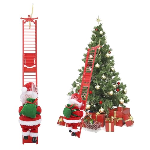 Santa Climbing Ladder to Tree Climbing Santa Up and Down Santa Claus on Ladder Climber Musical Animated Holiday Party Home Wall Christmas Tree Decoration Xmas Ornament Santa Claus Figurines Climber