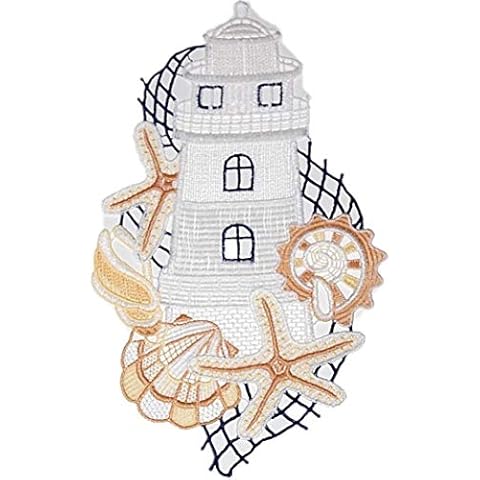 Plauener Spitze Maritimes Fensterbild 18x32 cm + Saugnapf Leuchtturm weiß blau Muscheln Seestern Spitzenbild Badezimmer Cover