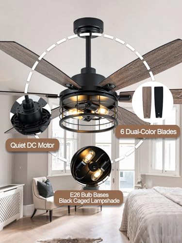 Image of 60 Inch Farmhouse Ceiling Fan with Lights and Remote Large Rustic Ceiling Fan Caged Fandelier Chandelier, 6 Dual Blades Reversible Quiet DC Motor 3CCT 6 Speed for Living Room Indoor Outdoor