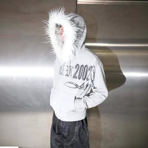 Monkay Women‘s Zip Up Hoodies Jackets Fur Hood Y2k Jacket Faux Fur Collar Graphic Top with Pockets Vintage Streetwear4