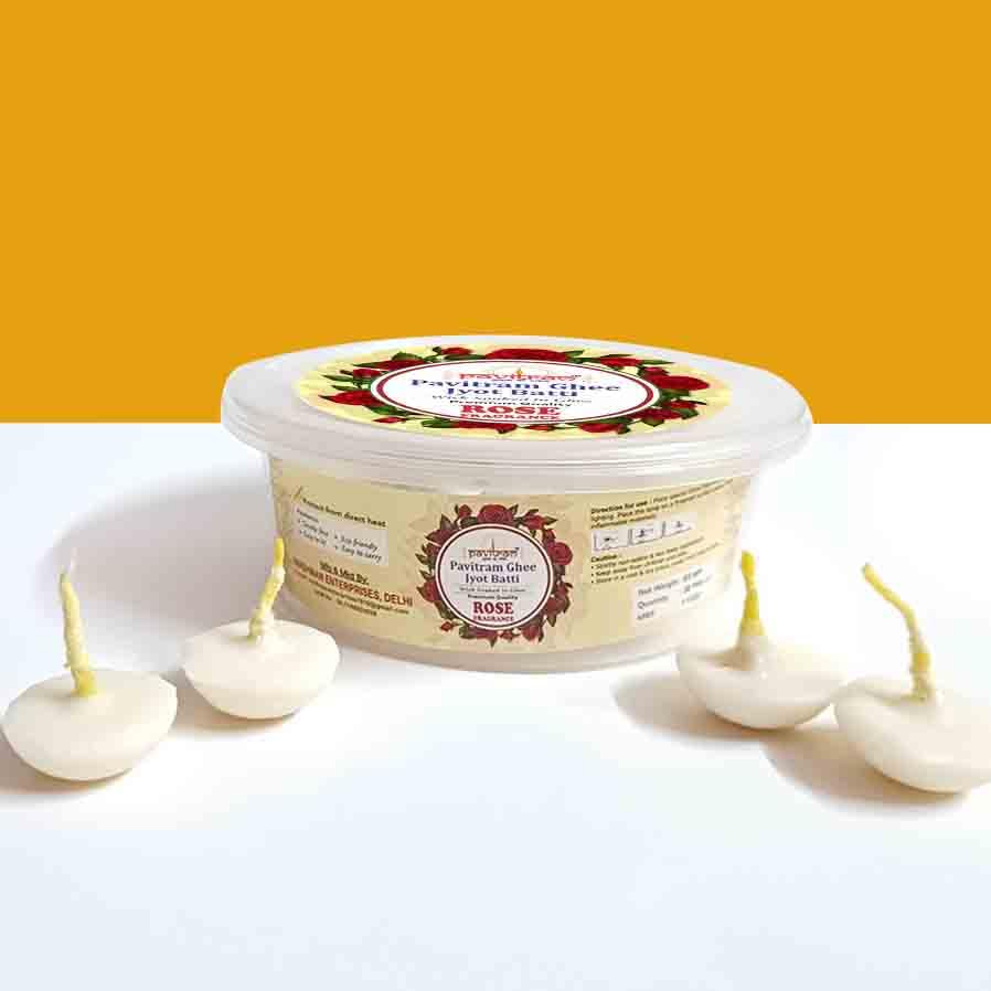 Pavitram Ghee Jyot Batti/Wick Soaked in Scented ghee Ghee Wicks/Readymade Ghee Cotton Wicks/Diya Batti/Puja Batti/Jyot Batti (Rose, 50 Piece Box)-image-1