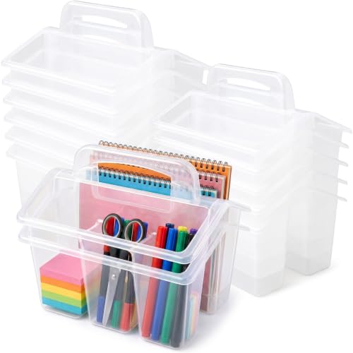 Image of WILLBOND 12 Pcs Classroom Storage Caddies Stackable Utility Caddies with 4 Compartment Plastic Caddy with Handle Portable Storage Bins Organizers for Kids Schools Art Craft Supplies (Clear)