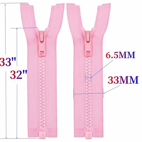 Image of MebuZip 2PCS #5 32 Inch Separating Jacket Zippers for Sewing (Pink) | Resin Zipper Molded Plastic Zippers Bulk for Sewing Jackets Coats Clothes