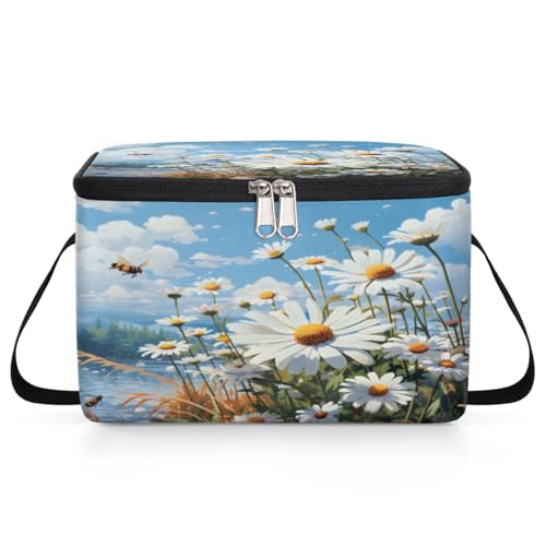 GzLeyigou Honeybee Daisy Lunch Bags for Women Men 9 Cans, Hot & Cold Food Delivery Bag Insulated Grocery Bag Insulated Lunch Box Daisy Cooler Bag for Office Work Picnic Beach