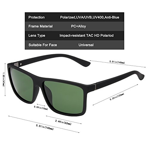 Óculos de sol masculino NIEEPA com armação quadrada polarizada, Dark Green Lens/Black Frame, Medium