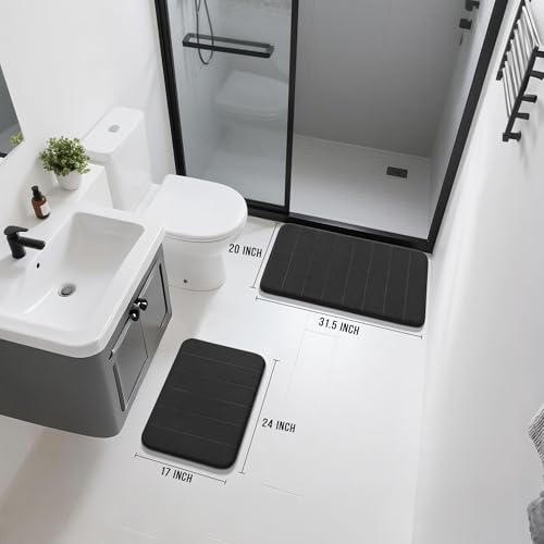 Image of Yimobra 2 Pieces Memory Foam Bath Mat Sets, 17x24+44.1x24 Inches for Bathroom Rugs, Toilet Mats, Non-Slip, Soft Comfortable, Water Absorption, Machine Washable (Black, 17 inchx24 inch+31.5 inchx19.8 inch)