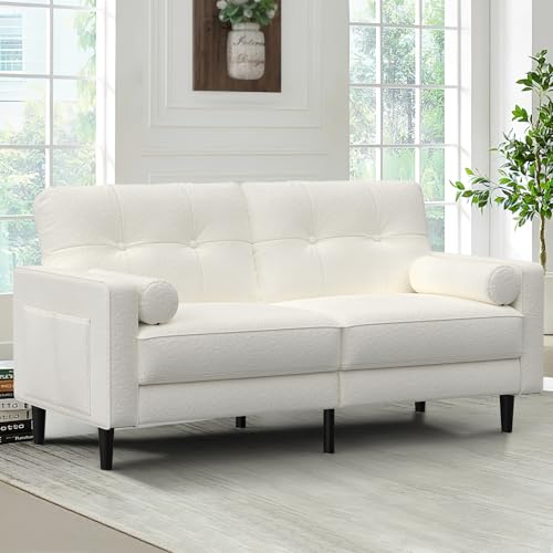 Aotumm Ciort Sofá 2 Plazas Moderno con Cojines Gruesos, 2 Almohadas, Lino con Bolsillos de Almacenamiento para Sala de Estar/Dormitorio/Oficina, Fácil Montaje (Blanco Clásico)