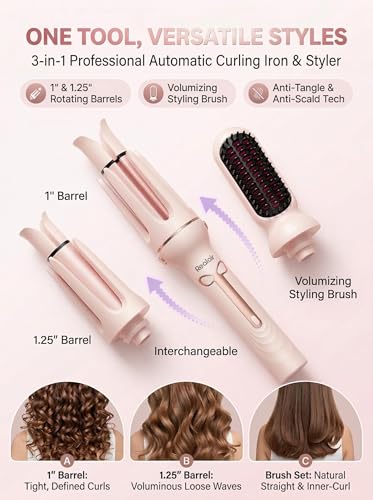 Image of Auto Hair Curler, 3-in-1 Automatic Curling Iron Set with 1 inch & 1.25 inch Ceramic Rotating Barrels and Heated Brush Attachment, Anti-Tangle, Anti-Scald, Auto Shut-Off, Dual Voltage