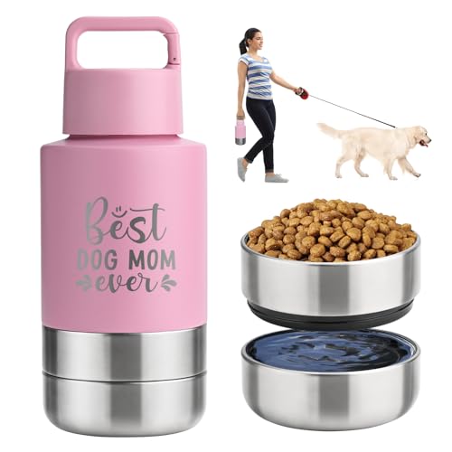 KEWIXY Insulated Dog Travel Water Bottle With Detachable Bowls, Ideal Dog Mom Gifts for Women, Portable Water Bottle Dispenser, For Walking, Hiking, Camping, Outdoor (Pink:Best Dog Mom, 32 Oz)