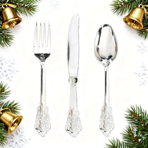 WDF 360 Pieces Silver Plastic Silverware- Disposable Flatware - Heavyweight Plastic Cutlery- Includes 120 Forks, 120 Spoons, 120 Knives for Christmas WDF 360 Pieces Silver Plastic Silverware- Disposable Flatware - Heavyweight Plastic Cutlery- Includes 120 Forks, 120 Spoons, 120 Knives for Christmas