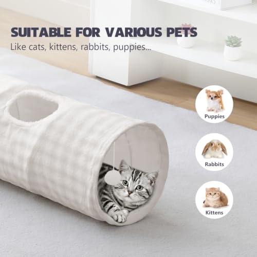 Image of Straight Bubble Cat Tunnel for Indoor Cats 47 inchx12 inch, Cream White | Cute Cat Toys, Collapsible Tunnel Tube with Hanging Balls for Puppy Kitten Rabbit