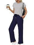 Picture of Glamaker 2 Piece Sets for Women Summer Going Out Crewneck Casual Tops Wide Leg Pants Matching Sets Sweatsuit Tracksuits Navy blue L