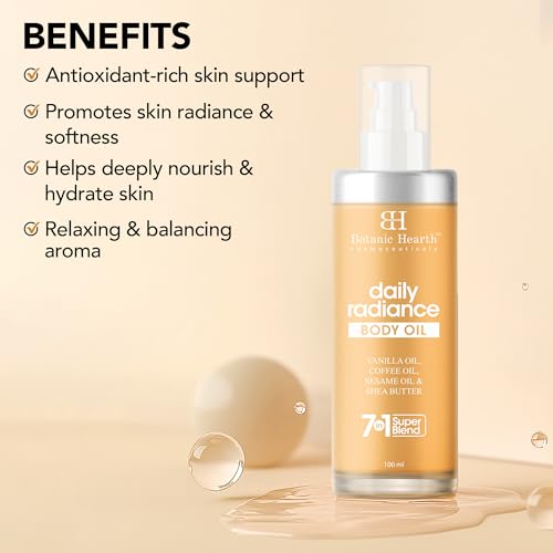 Image of Botanic Hearth Daily Radiance Body Oil for Glowing Skin with Vanilla, Coffee & Sesame Oil | Deep Moisturizing After Bath Body Massage Oil for Women & Men | 100ml
