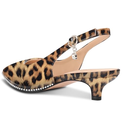 Image of TNYNFBEB Womens Low Kitten Heel Close Pointed Toe Pumps Slingback Silver Beaded Buckle Prom Party Dress Patent Leather 1.4 Inches Heels