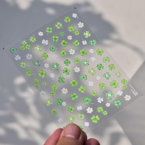 Image of Clover Nail Art Stickers Green White Nail Stickers for Nail Art Spring Plant 5D Embossed Nail Decals Self-Adhesive Nails St Patricks Supplies Manicure Decoration