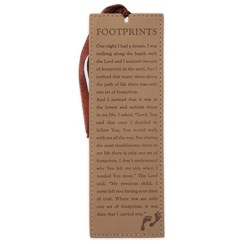Christian Art Gifts Vegan Faux Leather Scripture Bookmark for Men and Women: Footprints in The Sand - Inspirational Poem Heat-Debossed, Faith-Based Reading Book Accessory with Ribbon Tassel, Brown