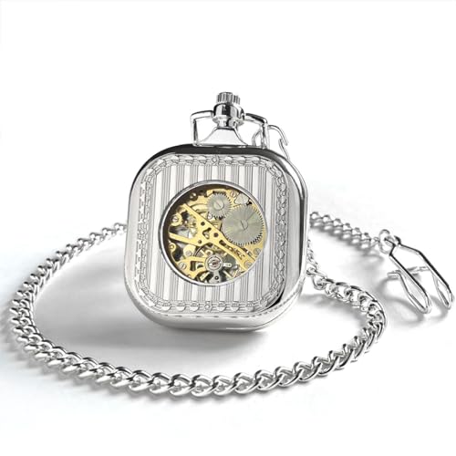 Reloj de bolsillo clásico steampunk mecánico de cuerda manual plata antiguo con cadena 4