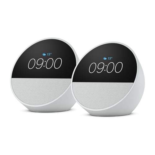 Amazon Echo Spot (neueste generation), smarter Wecker mit sattem Klang, Weiß, mit Alexa+ Early Access (Packung mit 2)
