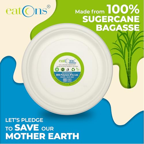 Image of EATONS Bagasse Disposable Plates [11 inch, 25 Pack] I Eco Friendly Biodegradable Compostable Sugarcane Paper Plates | Full Meal I Serve Snacks & Dinner I Birthday, Wedding, Party I Round I White