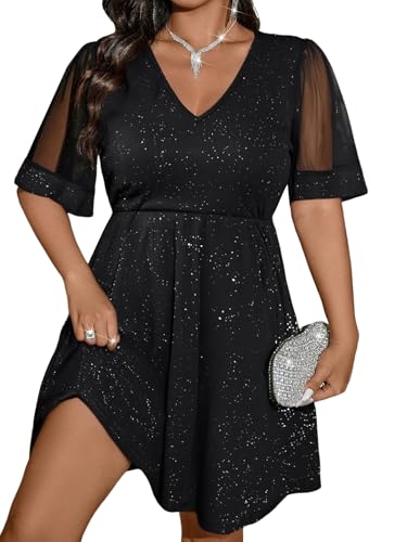 Floerns Women's Plus Size A Line Dress Mesh Short Sleeve V Neck Flared Glitter Ribbed Knit Party Cocktail Dresses