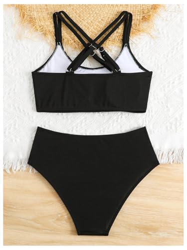 MakeMeChic Girl's Bikini Sets Criss Cross Spaghetti Strap Rib Knitted Bathing Suit2