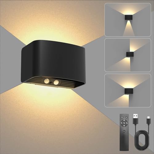 Lamparas de Pared con Sensor de Movimiento y Control Remoto, Recargable Lamparas Pared Sin Cable Interior, Blanco Cálido 3000K Candeeiro Parede , Aplique de Pared Arriba y Abajo, Brillo Ajustable