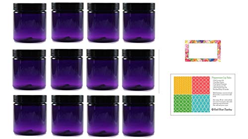 Purple 8 Ounce PET Plastic Jars with Black Lids, and Floral Labels, 12 Pack