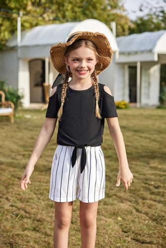 Image of Arshiner Girls Short Sets 2 Pieces Outfits Short Sleeve Tie Knot T-Shirts and Casual Shorts With Pockets Cute Clothes Sets