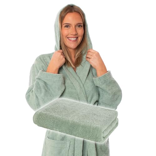 Lavea Mexico Saunaset bestehend aus Saunahandtuch 80 x 200 und Bademantel Damen & Herren, Frottee Baumwolle, Morgenmantel mit Kapuze & Gürtel + Saunatuch Frottier, saugstark, Oeko-TEX
