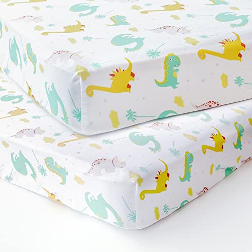 Image of 2 Pack Dinosaur Crib Sheets for Boys Girls, Baby Crib Sheets Fits Standard Crib and Toddler Mattresses, Soft and Breathable Microfiber Crib Fitted Sheet for Unisex Baby