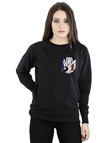 LOONEY TUNES Women's Pepe Le Pew Face Faux Pocket Sweatshirt Medium Black
