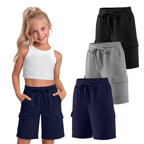 Oakgarden 3 Pack Girls Bermuda Shorts Wide Leg Cargo Shorts Loose Athletic Casual SweatShorts with 4 Pockets 5-16 Years(11-12 Years,Navy Blue, Light Mixed Gray, Black)