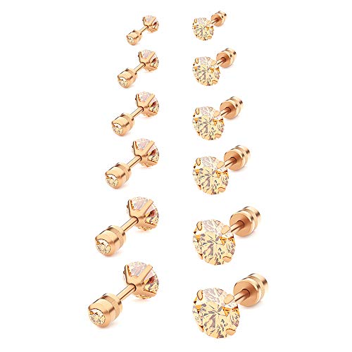 Stainless Steel Stud Earrings for Men Women Ear Piercing Earrings Cubic Zirconia Inlaid,3-8 mm (I: 6 Pairs (Rose Gold 3-8mm))
