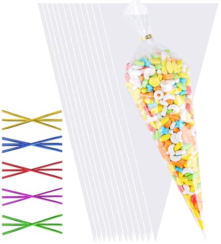 100pcs Sweet Cone Bags 30 * 16cm Cones Bags with 100pcs Colorful Ties Triangle Sweet Cones Bag for Candy Cookie Baking Displaying and Wrapping