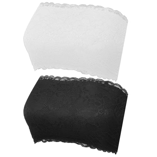 Lace Tube Top Bra, 2 Pcs Strapless Lace Bandeau Bra for Low Cut Dress Front Stretch Bralette for Low Neckline Cleavage Cover (White, Black)