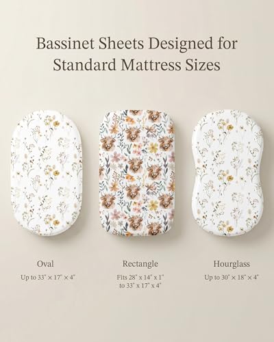 Image of Bassinet Sheets for Baby Girls Boys 2 Pack, Fitted Baby Mattress Sheet for Rectangle, Oval, Hourglass Bassinet Mattress, Breathable Cozy & Universal Fit (Cottage Cow, Bassinet Sheet)