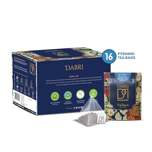Image of Dabri Blue Flower Butterfly Pea Green Tea 16 pyramid Dip Tea Bags |Natural Loose Leaves with Blue Flower Herbal Blend |Farm Fresh |Rich in Antioxidants |Helps Regulate Blood Sugar|Hair & Skin Health