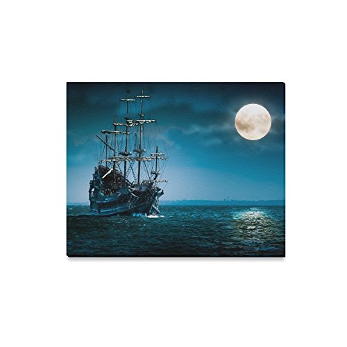 Interestprint Night Moon Pirate Ship Canvas Prints Wall Art Wood Framed Modern Home Decor, 20 X 16 Inches #TOP4
