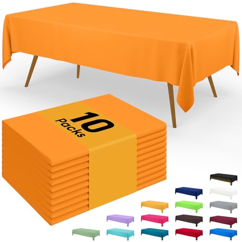 Image of Smiry Disposable Table Cloth - 10 Pack, 54 x 108 Inch Waterproof Rectangle Tablecloths for Parties, Decorative Plastic Table Cover, Leakproof & Sturdy, Orange