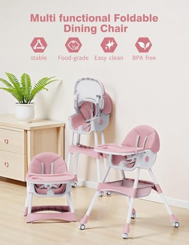 Image of High Chairs for Babies and Toddlers, 4 in 1 Convertible Baby High Chair, Portable High Chair for Travel with Adjustable Height and Back, Foldable HighChair with Wheels& Pu Cushion