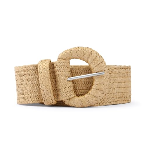 Hihope Straw Woven Elastic Belt with Round Buckle Wide Stretchy Boho Belt for Summer Braided Elastic Belts for Dresses