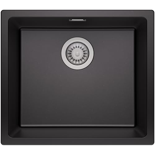 Auralum Fregadero Cocina 1 Seno 50x44 cm, Fregadero Negro de Cuarzo con Sifón, Rebosadero y Desagüe, Instalación Sobreponer/Bajo Encimera Para Muebles 50cm+