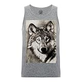 fabulous Ärmelloses Herrenhemd aus Bio-Baumwolle Tanktop Grau Zeichnung Wolfskopf Wildes Tier Schwarz und Weiß